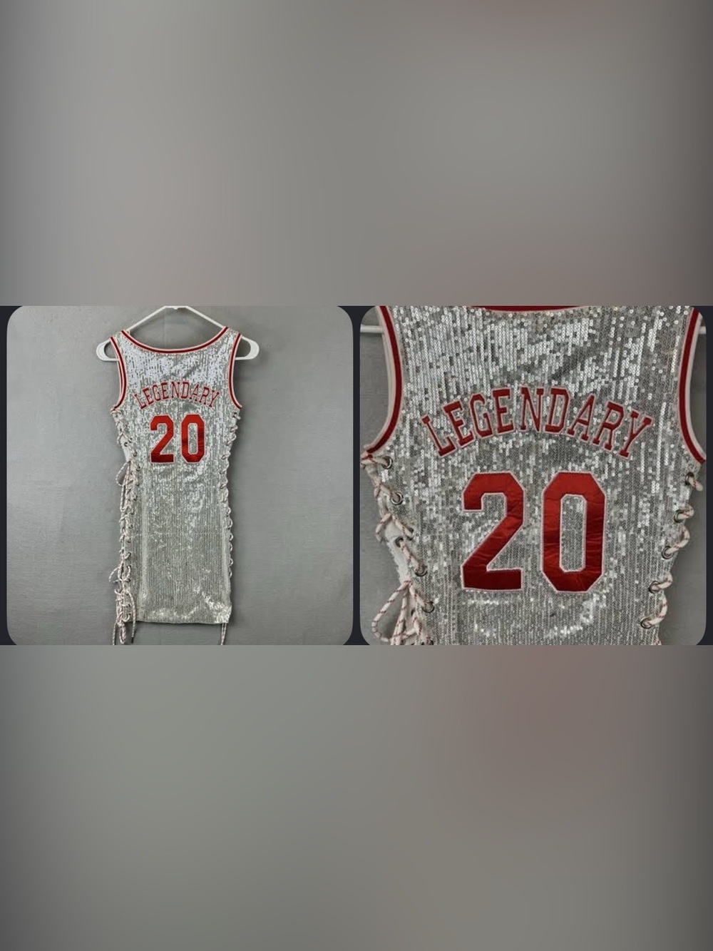 Silver Sequin Mini Dress with Red '20' Detail